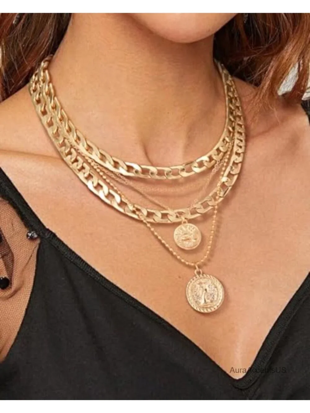 Layered Necklace Set - Retro Coin Pendant Chunky Chains - Gold Plated Alloy